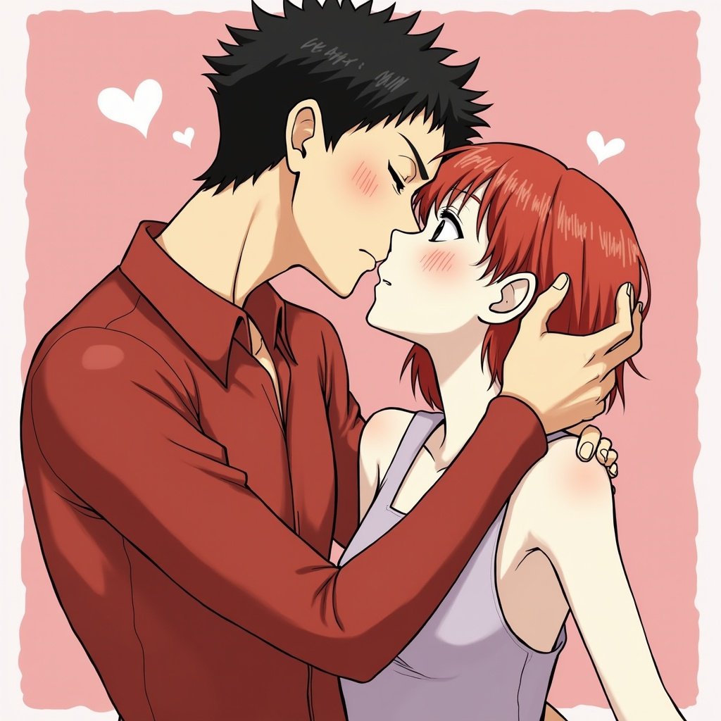 An image depicting two characters in a romantic moment. The boy is Kuroo Tetsuro from Haikyu!!, captured mid-kiss with a girl, whose expression shows affection. Their surroundings are soft pink, which adds to the romantic atmosphere. The boy's spiky black hair contrasts with the girl's short red hair. Both characters are blushing, highlighting their emotions. This illustration embodies the romance and charm seen in anime and manga stories.