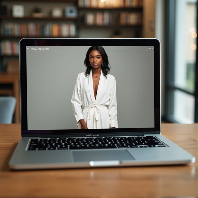 A laptop displays an image of a woman in a white dress against a blurred library background.