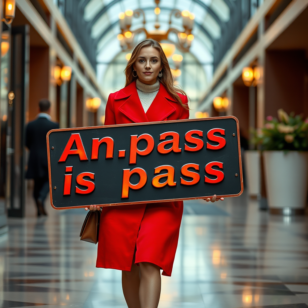 A woman in a red coat holds a large sign with bold lettering in an elegant corridor.