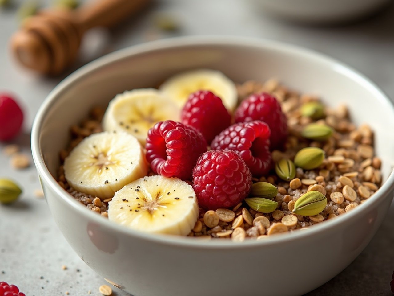 This image showcases a beautifully styled bowl of oatmeal. The oatmeal is topped with fresh banana slices and vibrant raspberries, giving it a colorful appearance. Pistachios are added for texture and a hint of green. A drizzle of honey sits in the background, enhancing the breakfast experience. The lighting is natural and bright, emphasizing the textures of each ingredient. Overall, this image represents a healthy and delicious breakfast option for any food lover.