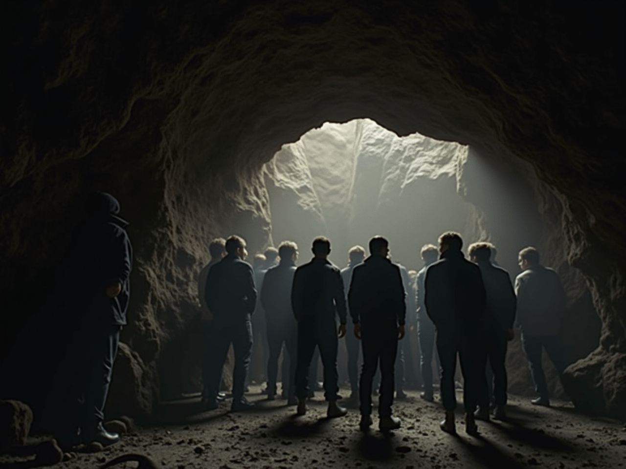 This cinematic image depicts a group of people standing together in a cave, looking towards a beam of light breaking through the rocky ceiling. They appear shocked and curious, as if discovering something monumental beneath the rock. The atmosphere is filled with tension and anticipation, highlighting their silhouettes against the illuminated background. The lighting creates a dramatic contrast, casting deep shadows and emphasizing their expressions. This setting evokes a sense of mystery and the unknown, drawing viewers into the scene.