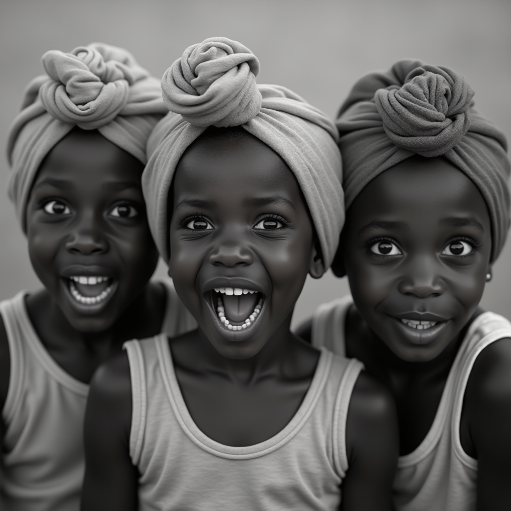 Three children with vibrant expressions, wearing matching headwraps and sleeveless tops.