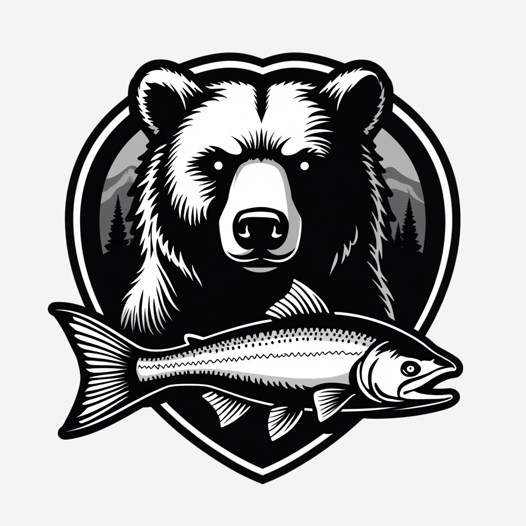 This image is a black and white badge logo featuring a bear and a salmon. The bear's face is prominently displayed at the top of the badge, showcasing its fierce expression. Below the bear is a depiction of a salmon, positioned as if caught by the bear. The logo is enclosed in a shield-like shape, adding a sense of protection and wild spirit. The design is bold and striking, ideal for conveying outdoor adventure themes. This image would be suitable for various merchandise related to nature and wildlife.