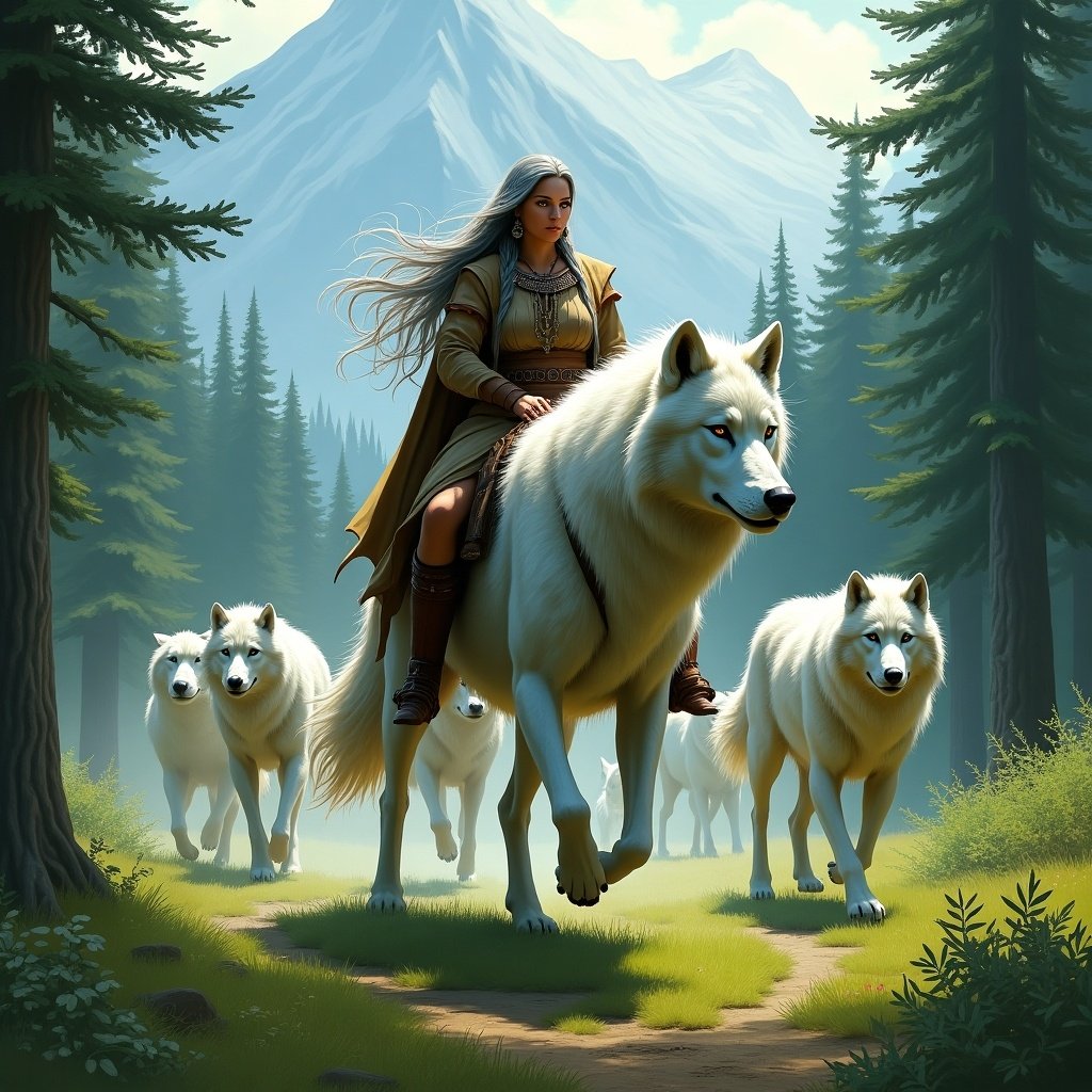 This artwork depicts a vibrant fantasy scene set in a lush green forest. A middle-aged female warrior of native American descent with long grey hair rides a massive silver wolf. She is leading a pack of wolves behind her, evoking a sense of strength and adventure. The towering trees in the background add depth, creating a majestic landscape. Mountains appear in the distance, bathed in soft natural light that enhances the magical feel of the scene.