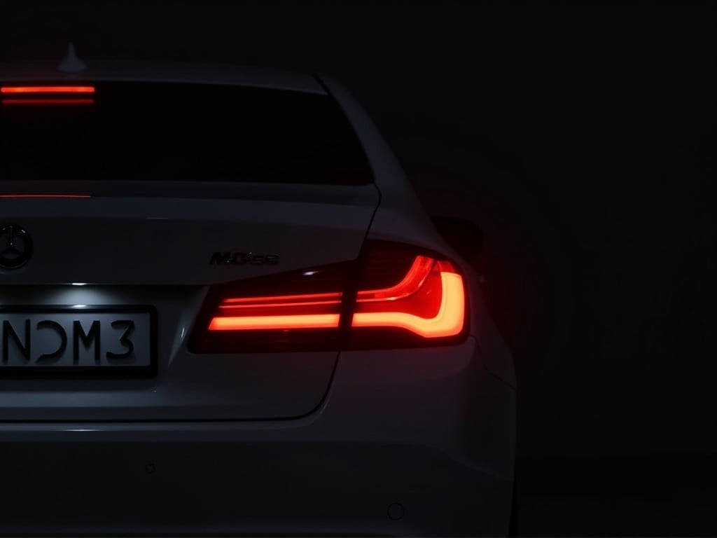 The image showcases a close-up view of a car's sleek rear. The glowing red tail lights stand out vividly against a dark background. This makes the tail lights the main focus of the image. The clean lines and modern design of the car add elegance. The lighting highlights the contours and features, giving it a premium look.