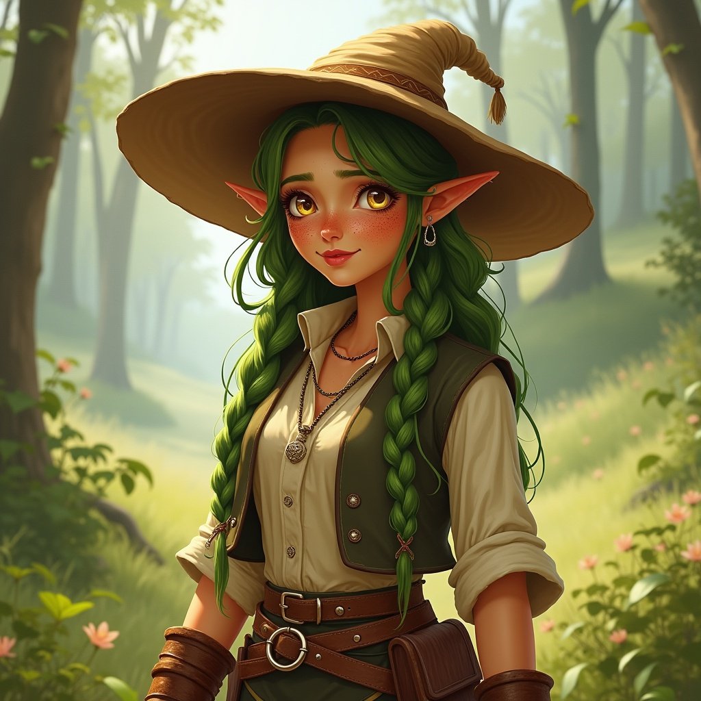 The image features a female wood elf farmer standing in a lush forest. She has tanned, freckled skin and striking gold eyes. Her long, braided green hair cascades down her shoulders, complemented by a large sun hat. She wears a blouse and vest, paired with traveling leggings and sturdy leather riding boots. The soft, dappled lighting of the forest enhances her adventurous spirit, providing a magical ambiance.