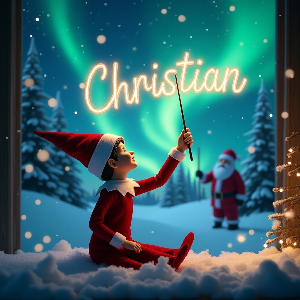 An enchanting Christmas scene featuring an elf on the shelf. The elf sits with its back to us, gazing upwards. It uses a wand to elegantly write the name 'Christian' in the night sky. The background is adorned with stunning northern lights and a distant image of Santa Claus. Snow blankets the ground, creating a serene winter wonderland. This magical moment captures the essence of holiday joy and wonder in the air.