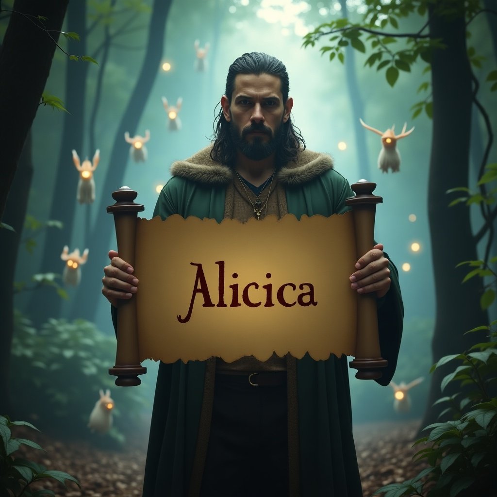 In a mystical forest shrouded in soft green light, a man with long hair stands prominently. He holds a large scroll inscribed with the name 'Alicia.' Around him, ethereal, glowing creatures flit about, adding a whimsical feel to the scene. The ambiance is enchanted, evoking a sense of adventure and magic. The forest backdrop features lush greenery and hints of fog, enhancing the mystical atmosphere of the setting.