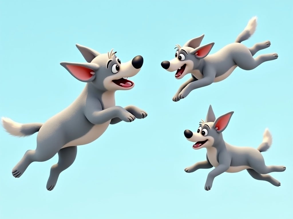 three animated dogs jumping in the air, with a bright blue background, playful and happy expressions