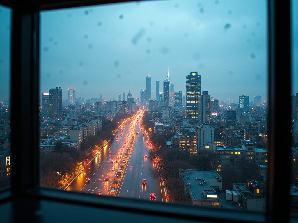 The image shows a panoramic view of an urban landscape during twilight. The foreground features a busy road lined with traffic, illuminated by streetlights and the headlights of cars. In the background, a skyline of tall buildings is visible, some of which are lit up against a cloudy sky. Raindrops on the window pane add a textured look to the scene, enhancing the atmospheric effect. The overall tone is cool, giving a moody feeling to the bustling city life.