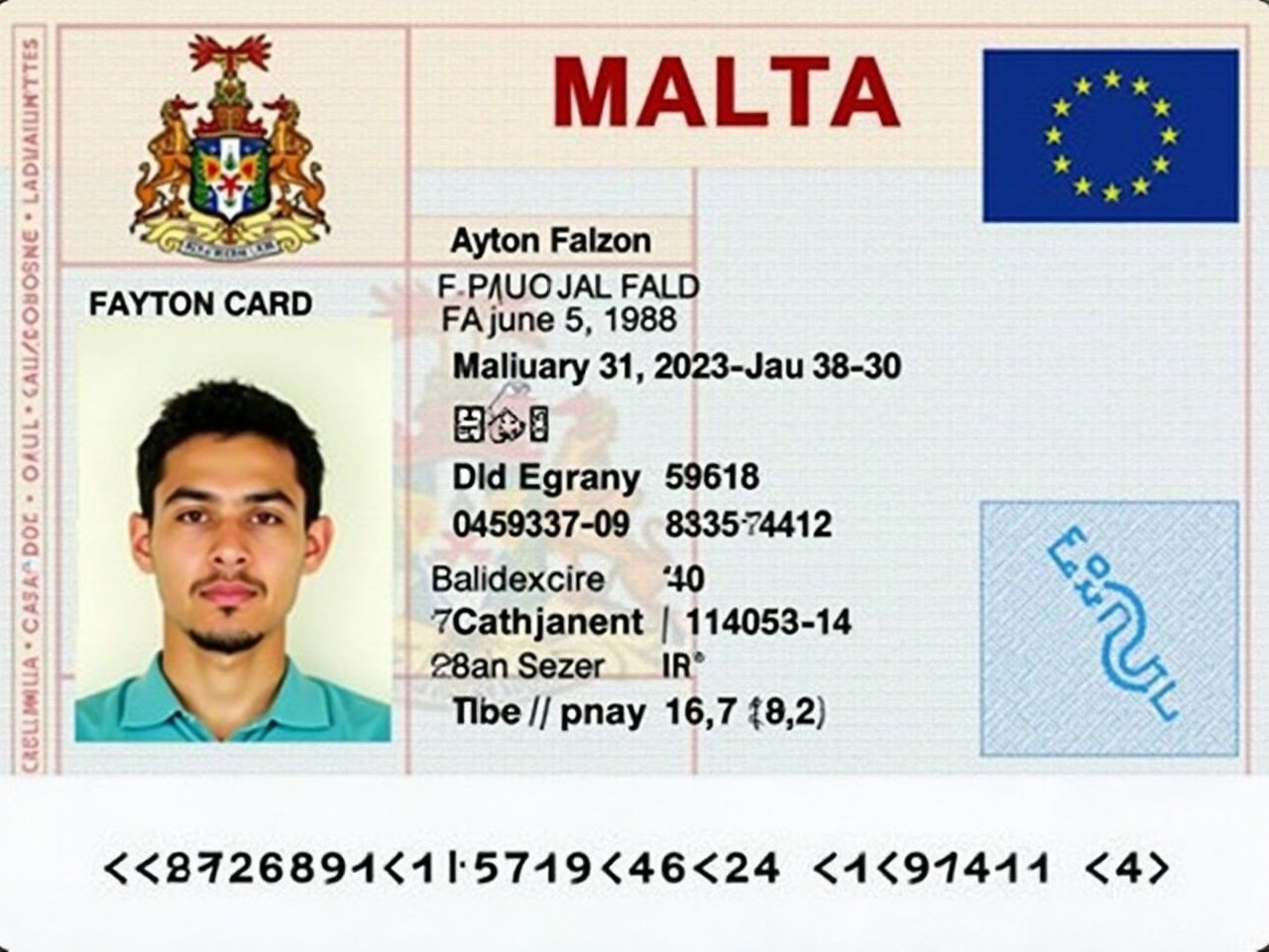 This is an identity card from Malta, featuring an intricate design and the European Union emblem. The card holder's name is Fayton Falzon, and his nationality is Maltesian, as indicated by the abbreviation 'MLT.' His date of birth is noted as June 5, 1988. The card displays a validity period from January 31, 2023 to January 30, 2033. Additionally, there are various identification numbers and a signature at the bottom. The card includes security features to prevent forgery, typical of official identification documents.