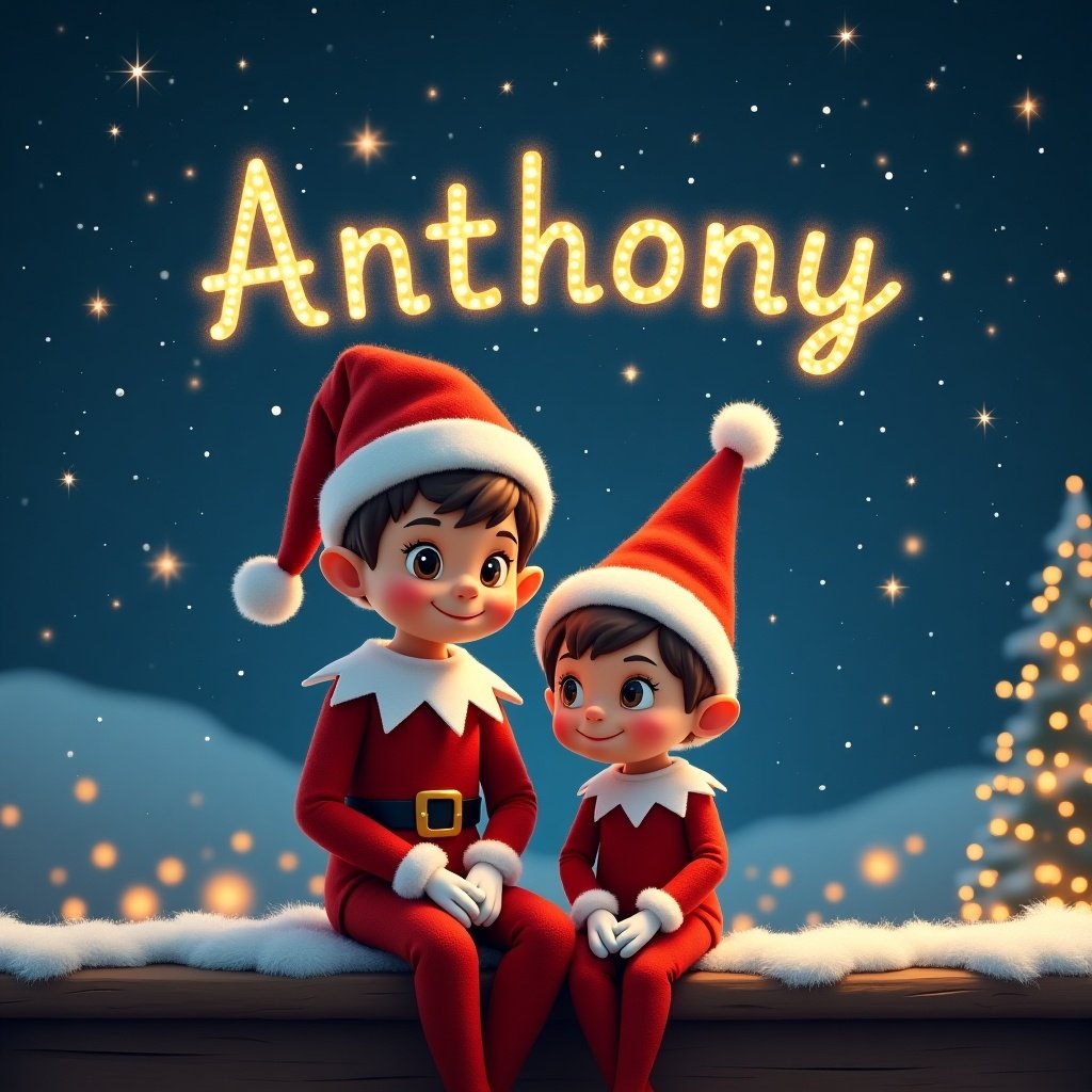 Create a picture of two little boy elves sitting together. One elf has short brown hair and brown eyes. They are sitting next to Santa Claus at night, surrounded by a starry sky. The name 'Anthony' is written in sparkly lettering above them. The scene is festive and captures the magic of Christmas. The elves wear red and white outfits, adding to the holiday spirit.