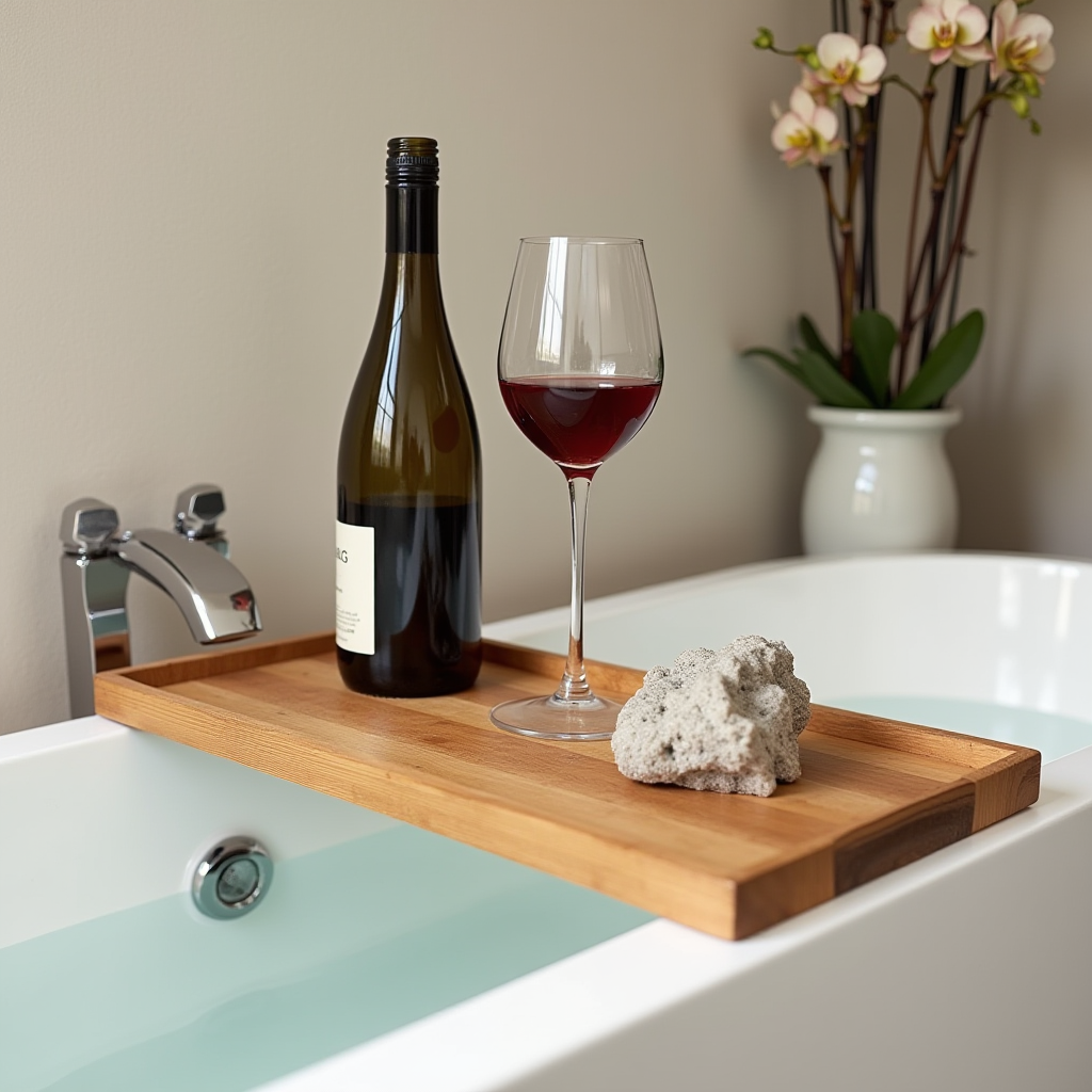 A bottle of wine and a glass on a bath tray by a filled bathtub, with an orchid plant nearby.