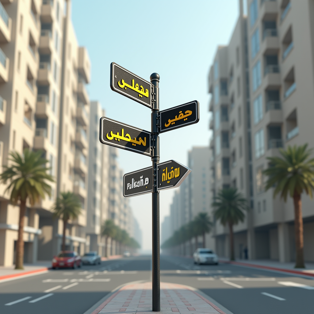 A city crossroad street sign with multiple Arabic inscriptions, set against a backdrop of tall buildings and palm trees.