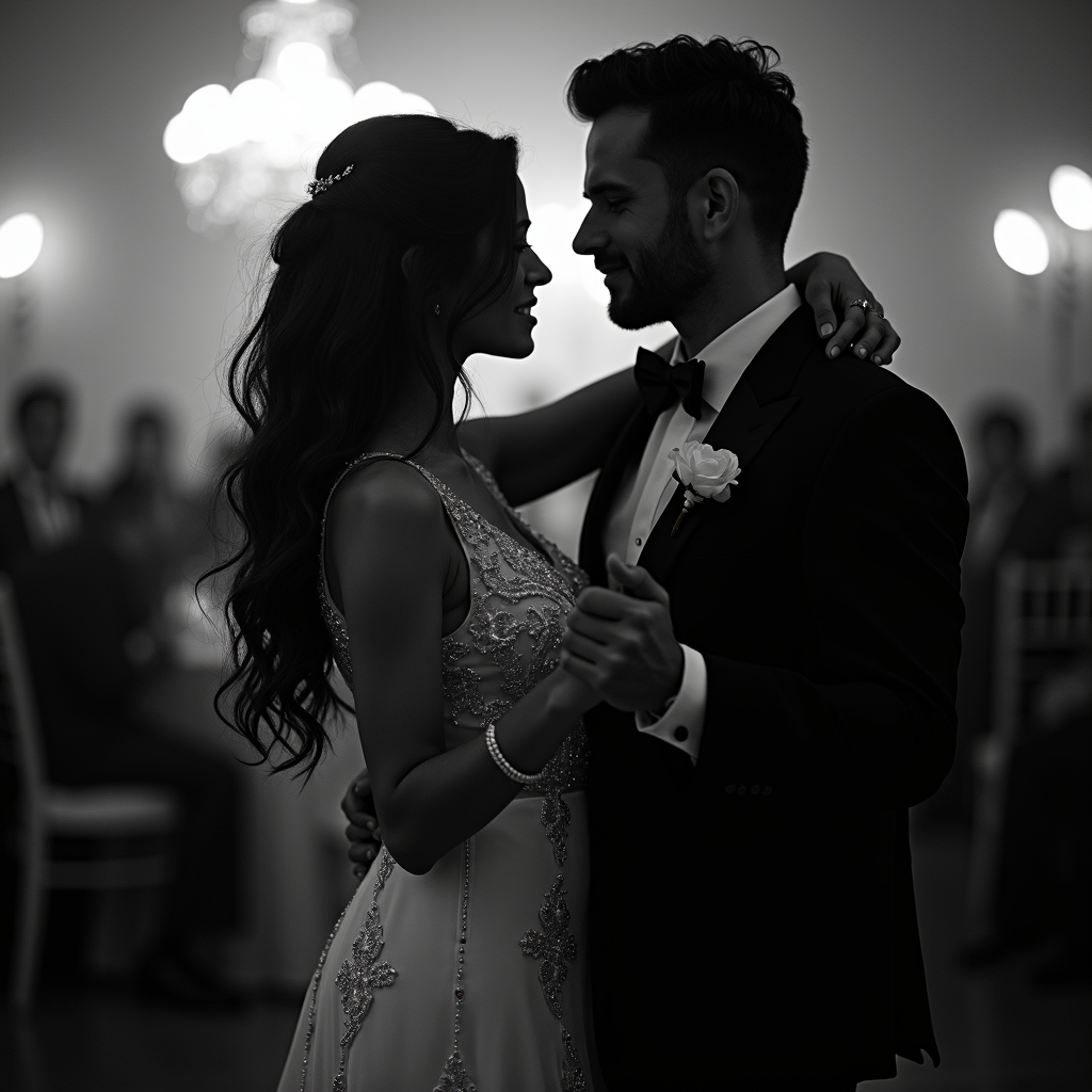 A romantic couple shares a dance under soft, glowing lights.