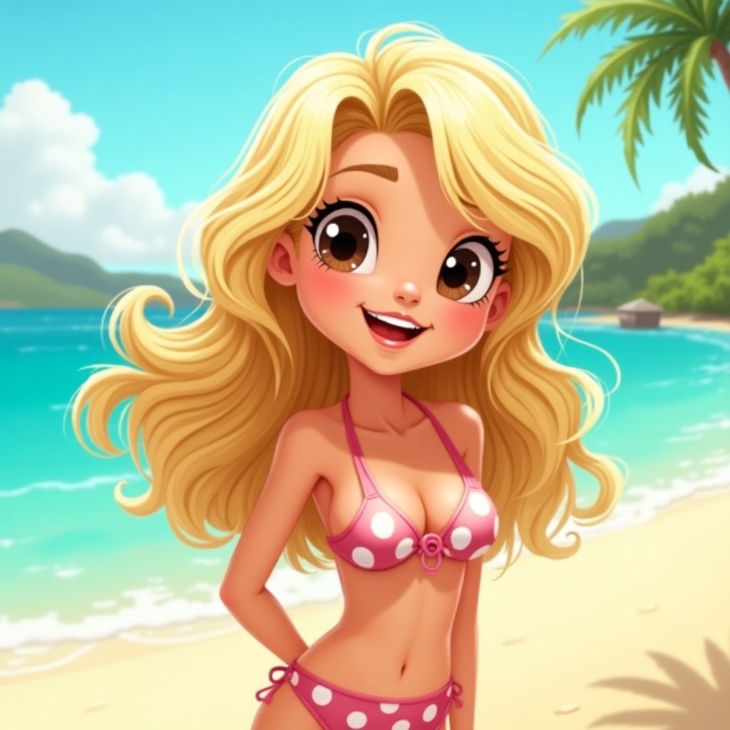 A cartoon-style girl with large expressive eyes is smiling brightly on a sunny beach. She is wearing a cute polka dot bikini that stands out against her tanned skin. Her long, wavy blonde hair flows gently as it is blown by the sea breeze. The background features clear turquoise water that sparkles under the sun and distant lush green hills. This image captures the essence of summer fun and beach relaxation.