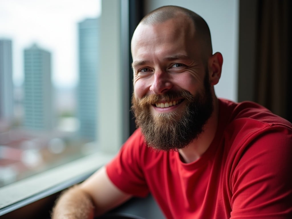 The image features a man with a shaved head and a full beard sitting near a window. He has a warm smile and is wearing a red t-shirt. The background shows a cityscape with various tall buildings and a slightly blurred view of the outdoors. The light coming from the window suggests it is daytime, casting a soft glow on his face. The man is looking directly at the camera, creating a friendly and inviting expression.