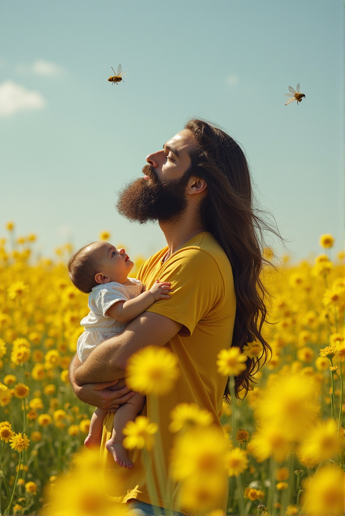 A bearded man holds a baby, both gazing up at bees, surrounded by a vibrant field of yellow flowers under a clear blue sky.