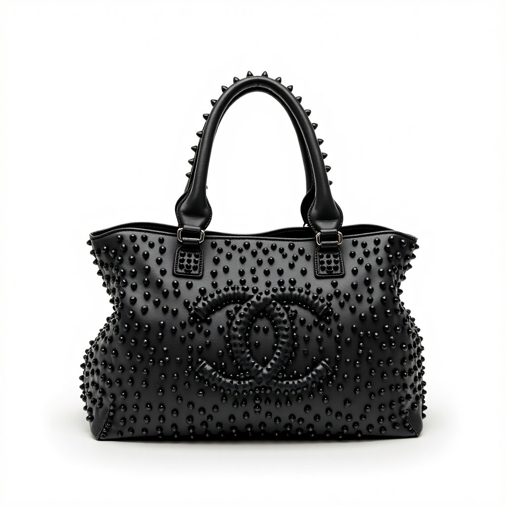 This image features a stunning Chanel handbag showcasing an embossed logo and intricate studded design. The handbag is oversized and futuristic, crafted from black fabric that appears luxurious and unique. Its spiked embellishments create a striking texture against a simple white background, emphasizing the bag's bold style. The handbag's silhouette is refined yet avant-garde, perfect for fashion-forward individuals. The image captures the essence of haute couture, merging elegance with edgy design elements.