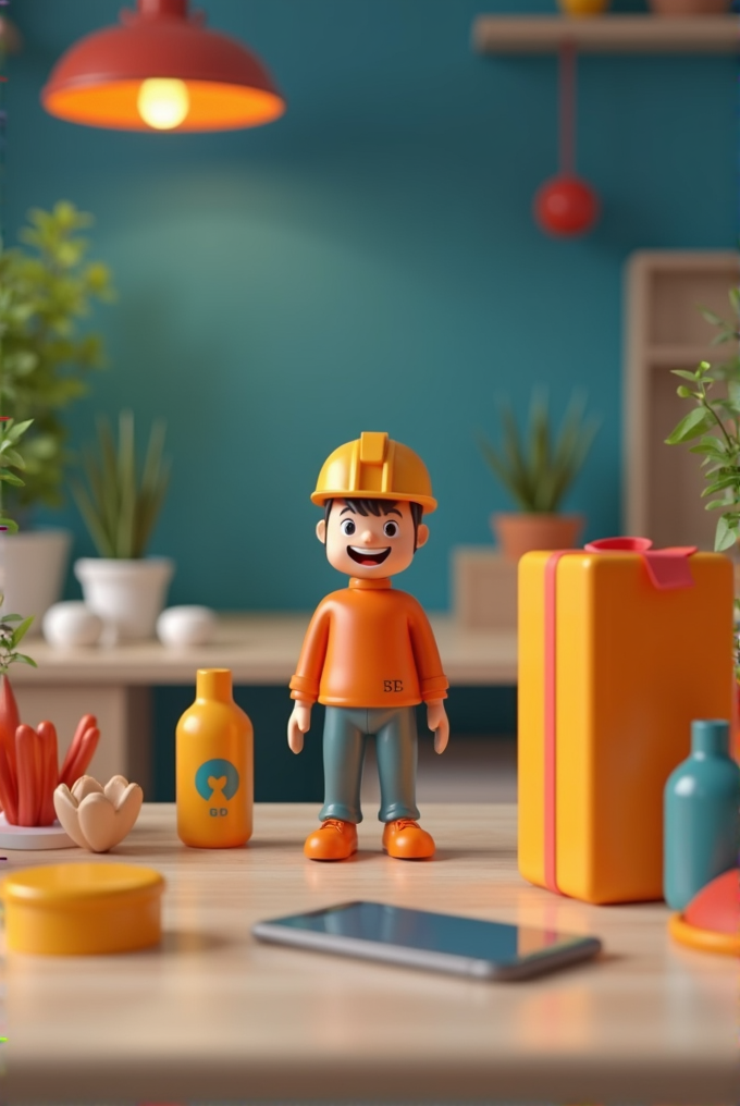 A toy figure in a hard hat stands surrounded by colorful bottles and plants on a tidy desk.