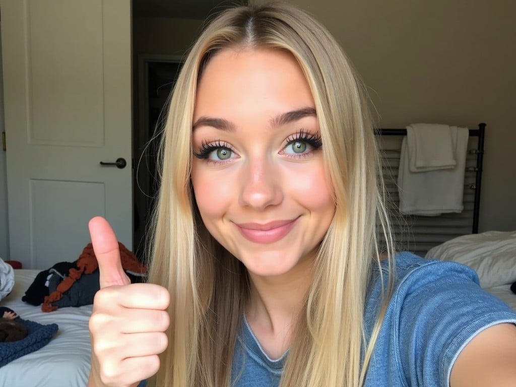 A young person with long, straight blonde hair is taking a selfie in a bathroom. They have well-defined makeup, with bold eyebrows and bright, expressive eyes. The person is wearing a denim top that complements their look. In this edited version, they are making a thumbs-up hand sign with one hand while keeping the same facial expression and makeup. The background shows a slightly messy bathroom with items on a bed and a towel rack.