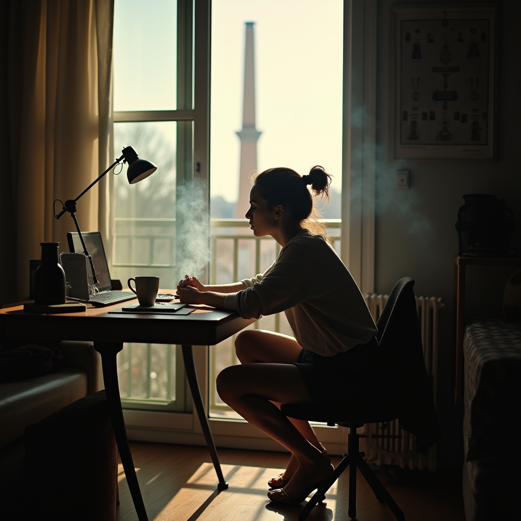 This image captures a serene indoor scene where a woman sits at a desk, engrossed in her thoughts or work. The room is softly illuminated by natural light streaming through a large window, offering a view of an industrial chimney in the distance. Reflective of an early morning ambiance, the light casts gentle shadows around the room. On the desk, there's a laptop, a steaming cup of coffee or tea, and some papers or notebooks, suggesting a work or study setting. The woman's silhouette against the light gives a contemplative feel, with the soft haze of steam adding to the calm atmosphere.