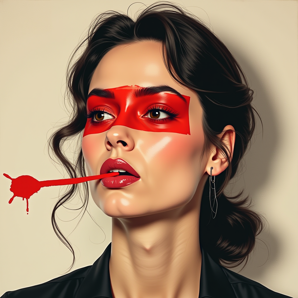 A woman gazes upward with striking red paint covering her eyes, extending to the side in a bold, artistic stroke.