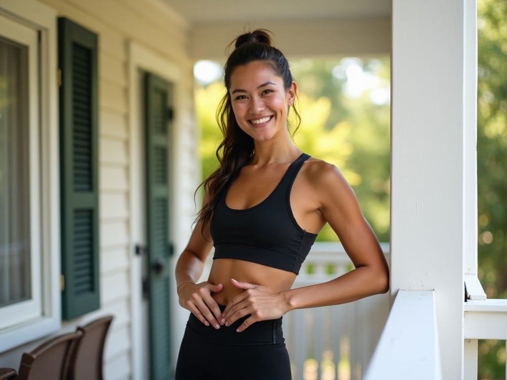 A woman in a black sports bra and leggings smiling on a porch with greenery in the background.