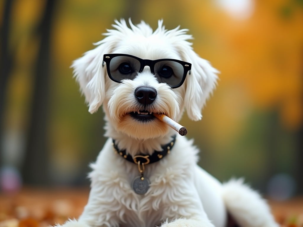 This image features a white dog wearing sunglasses, positioned against a backdrop of vibrant autumn foliage. The dog's playful presentation is accentuated by a comically placed cigarette in its mouth. The circular halo of golden leaves blurs softly, drawing focus to the dog's charismatic and humorous demeanor.