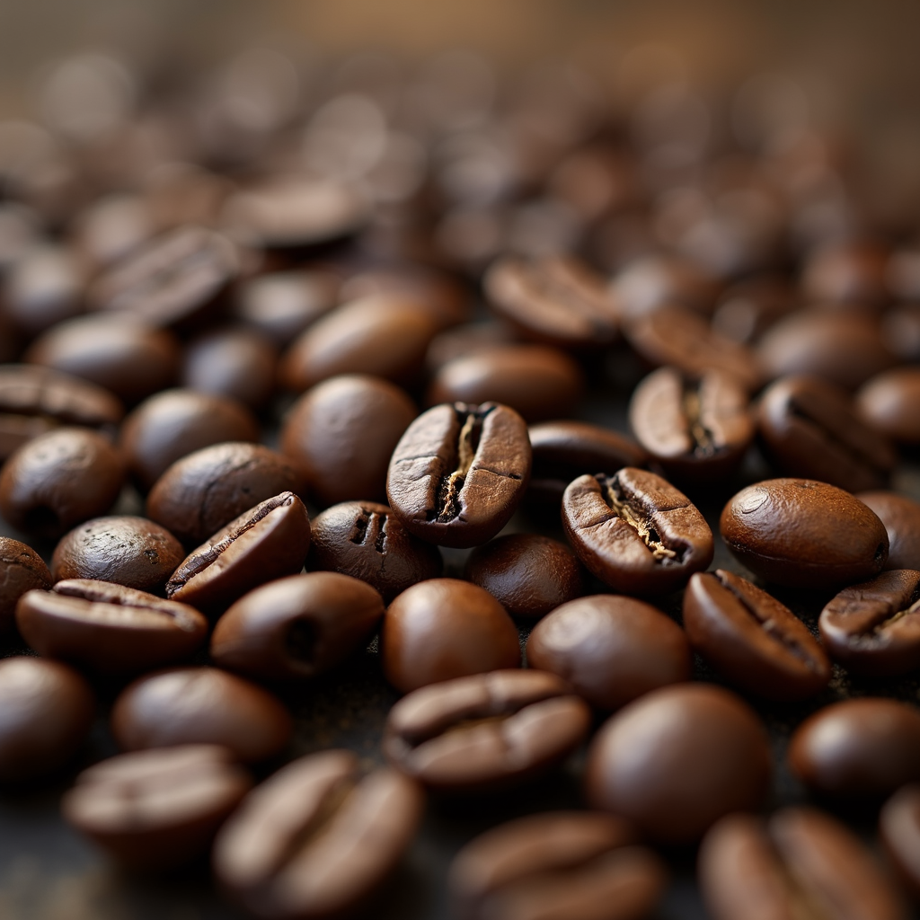 A close-up of roasted coffee beans scattered across a surface.