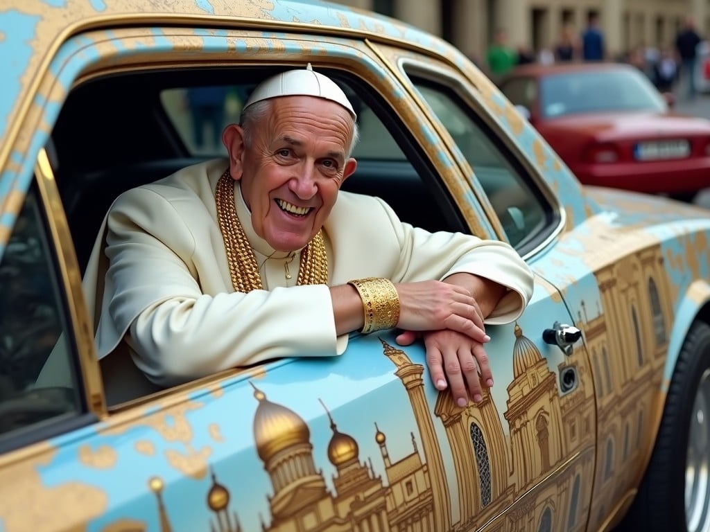 The image depicts a man with a joyful expression sitting in a luxury car. He is wearing a papal hat and adorned with multiple gold chains and bracelets. The car's exterior is lavishly decorated with intricate golden designs of architectural elements, showcasing an ornate and opulent theme. The contrast between the man's religious attire and bling accessories creates a striking and humorous visual juxtaposition.