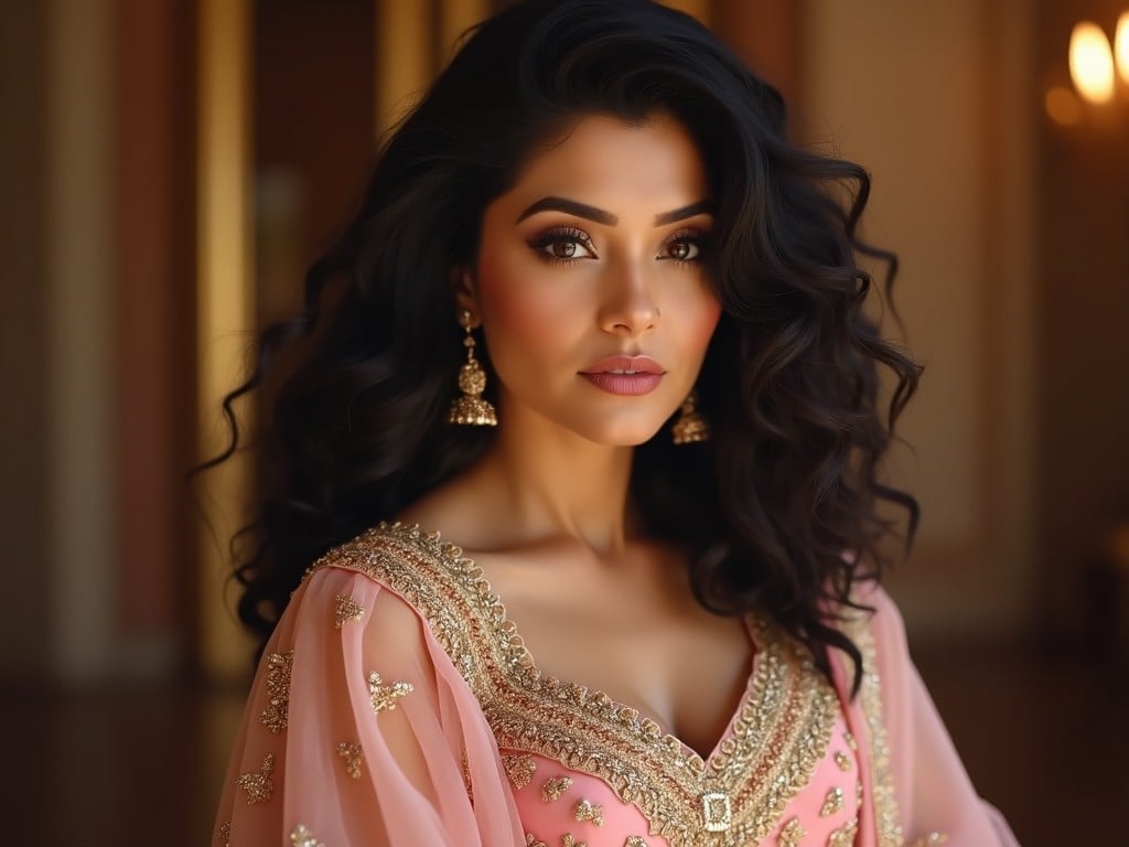 elegant woman in traditional attire with curly hair, wearing gold jewelry, and standing in soft warm lighting