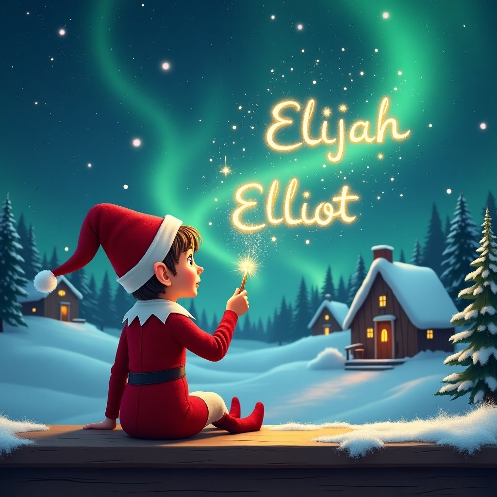 An elf sits on a wooden ledge, gazing at a magical starry sky. Dressed in a vibrant red outfit with a pointed hat, the elf holds a sparkling wand. With this wand, it writes the names 'Elijah' and 'Elliot' in the shimmering darkness. The background features a peaceful snowy landscape, dotted with charming little houses and evergreen trees. The sky shimmers with brilliant Northern Lights, creating a whimsical and enchanting atmosphere. This scene beautifully captures the joy and magic of childhood during the Christmas season.