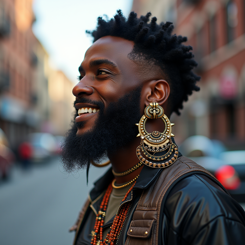 A stylish person with elaborate earrings smiles on a city street.