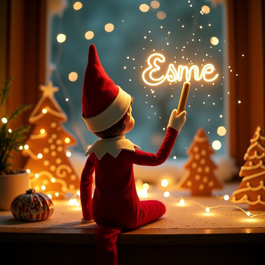 This image captures an enchanting Christmas scene with an elf on the shelf. The elf, dressed in a classic red and white outfit, is facing away from the viewer, writing in glowing letters. The name 'Esme' indeed glows above the elf’s head. Surrounding him are charming gingerbread cookies that enhance the festive atmosphere. Soft, warm lights twinkle around him, adding to the magical feel of the moment. The overall scene radiates the joy and excitement of the holiday season, making it perfect for festive celebrations.