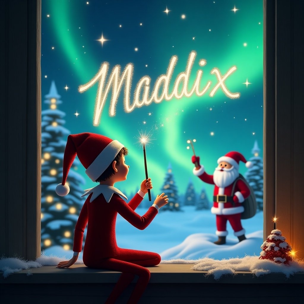 The image depicts an enchanting Christmas scene with an elf on the shelf seated by a window, facing the sky. The elf, dressed in a red costume, holds a magic wand and writes the name 'Maddix' in the air. In the background, there's a magical display of northern lights alongside Santa Claus, who is also using a wand for writing. The scene is filled with festive trees and shimmering snow, creating a whimsical atmosphere. It's a perfect illustration capturing the magic of Christmas and the joy of the holiday season.