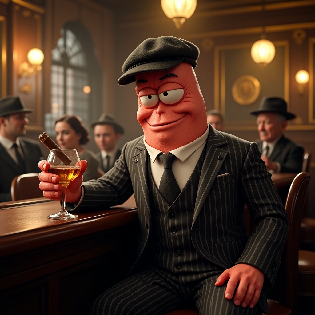 In a dimly lit, 1920s-era pub, we see Patrick Star reimagined as a tough mobster. The atmosphere is filled with cigar smoke and warm golden lighting, highlighting the intricate wood carvings around the pub. Dressed in a charcoal gray pinstripe suit with a flat cap, Patrick sits confidently at the bar. He holds a glass of whiskey in one hand and a cigar in the other, his iconic pink skin textured to look like a starfish. His expression is a blend of humor and a hint of danger, perfectly encapsulating the noir vibe of the scene.