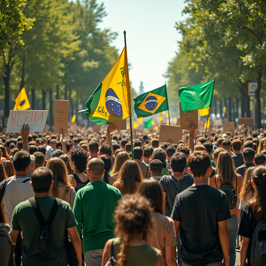 A large crowd of people marching with Brazilian flags and protest signs on a tree-lined street.