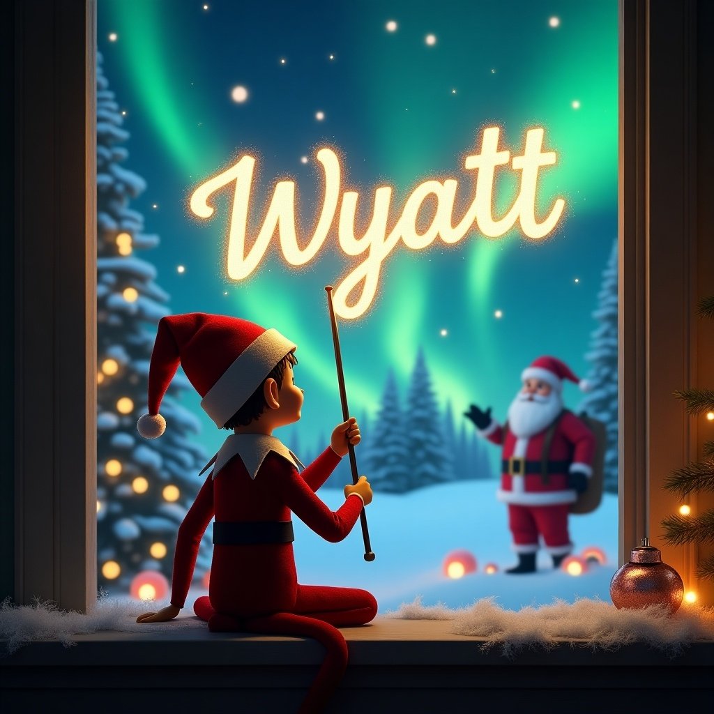 An enchanting scene featuring an elf on the shelf with his back to the viewer. He is facing a beautiful sky filled with northern lights while crafting the name 'Wyatt' in shimmering light with a wand. In the background, Santa is visible, adding to the magical Christmas atmosphere. The elf's red and white attire contrasts beautifully with the colorful lights. Christmas trees and decorations create a warm, festive environment. The overall scene radiates joy and holiday spirit.