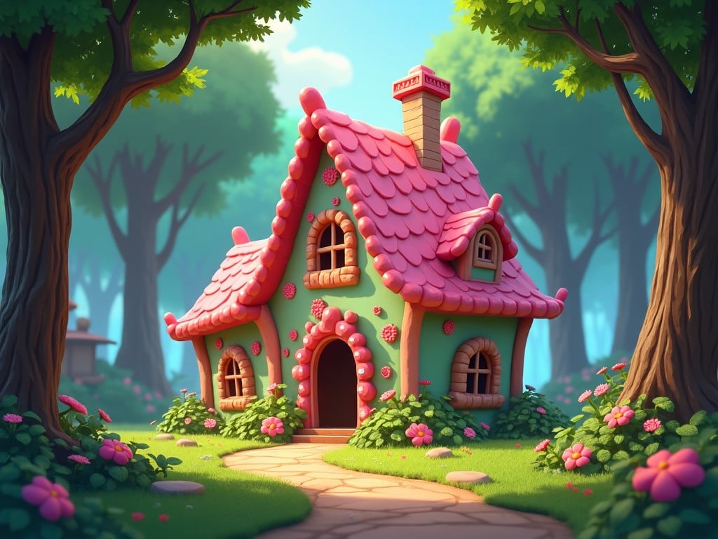 A whimsical, candy-themed house in an enchanted forest, featuring pink tiles and candy decorations, surrounded by lush greenery and flowers, bathed in soft daylight.