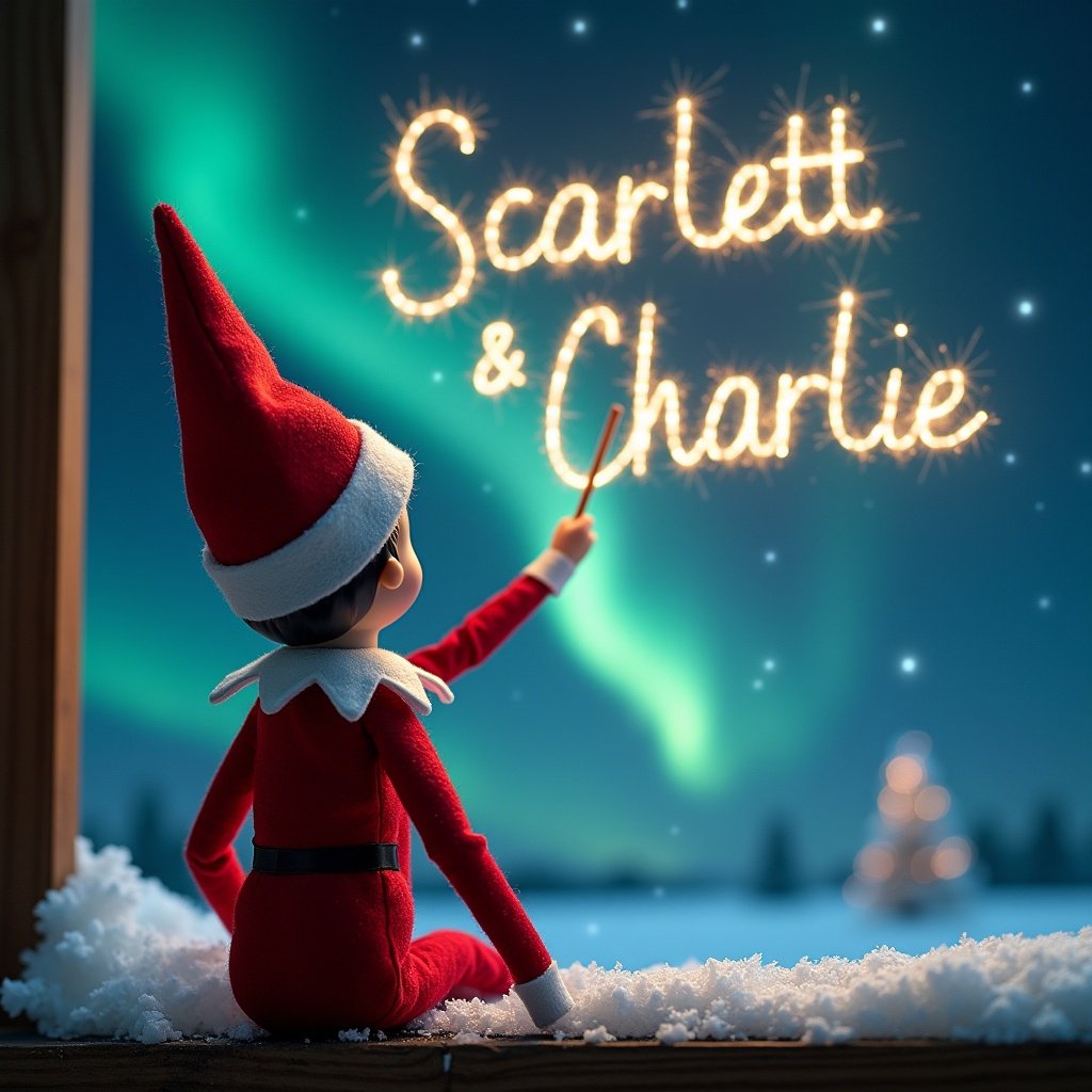 This image depicts an enchanting scene where an elf on the shelf, dressed in a classic red outfit, is turned away from the viewer. The elf is gazing up at a captivating dark sky that features brilliant northern lights. With a magic wand in hand, the elf is gracefully writing the names 'Scarlett' and 'Charlie' in sparkling, whimsical letters against the starry backdrop. The snowy ground below adds a peaceful ambiance to this magical moment. The overall atmosphere radiates with festive wonder and joy, encapsulating the true spirit of Christmas.