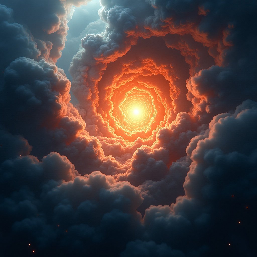 This image depicts a dramatic cosmic scene filled with swirling clouds and intense fiery highlights. The center glows with an orange and red light, resembling a celestial event. Dark blue and gray clouds surround the fiery core, adding depth to the scene. The lighting creates a sense of movement and dynamism, as if the clouds are swirling. In the nebula clouds, one can read the word 'Electrospoon', enhancing the abstract representation of cosmic beauty.