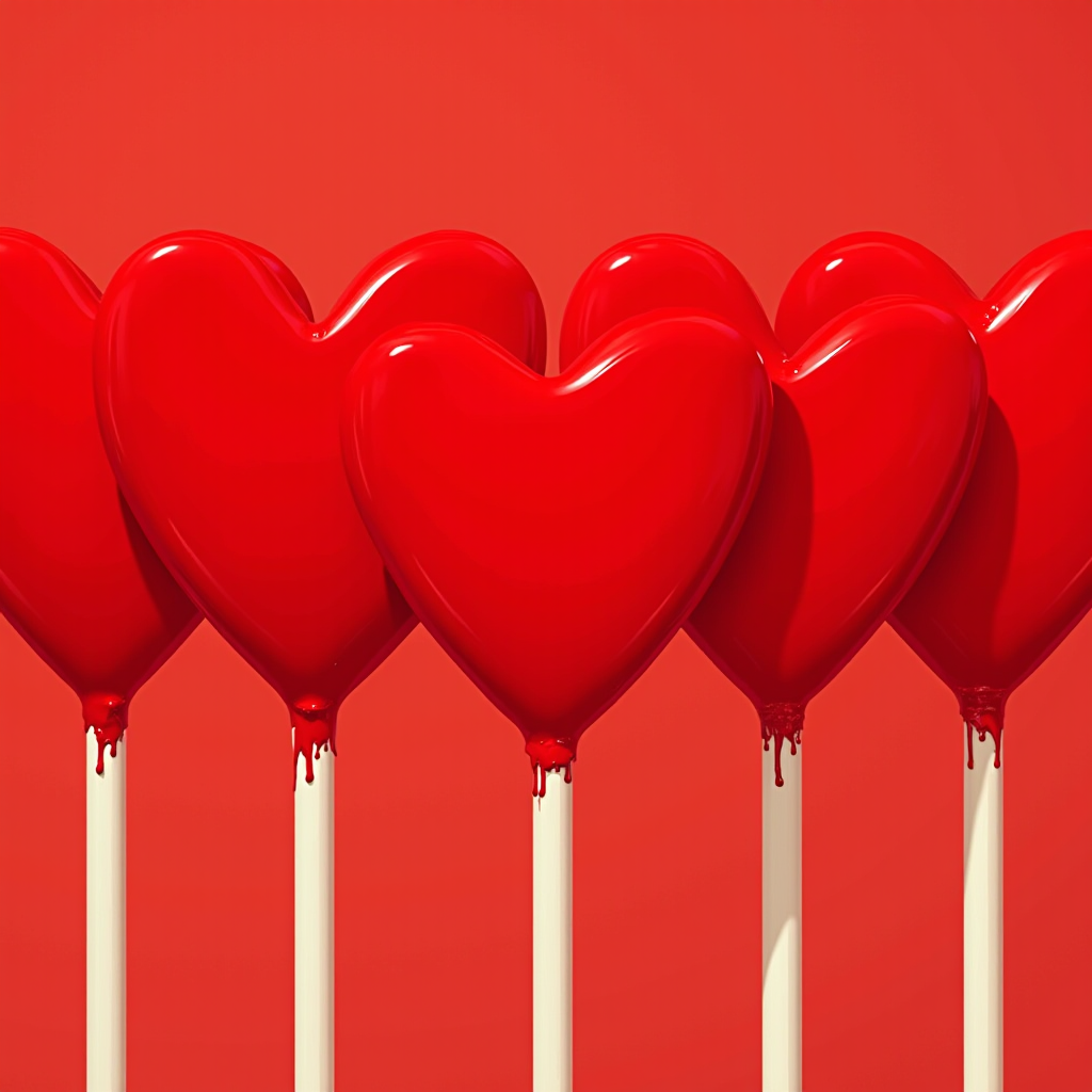 A row of glossy red heart-shaped lollipops set against a matching red background.