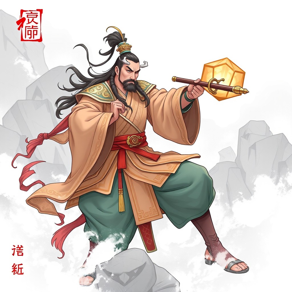 A dynamic illustration of a fierce warrior with a staff, set against a mystical mountain backdrop.