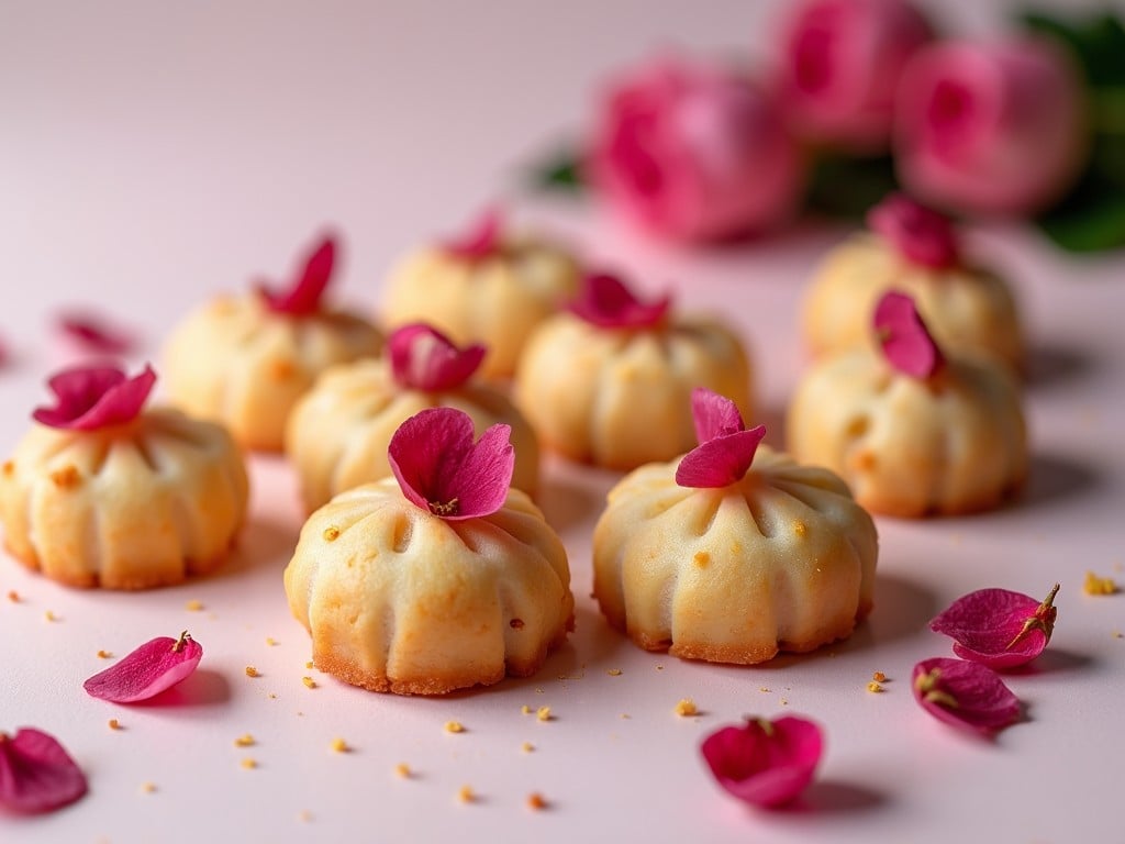 A close-up image of small cream-colored cakes adorned with pink flower petals, set against a soft pink background with a blurred view of rose petals scattered around. The scene conveys a sense of delicacy and elegance, creating a floral-themed dessert aesthetic.