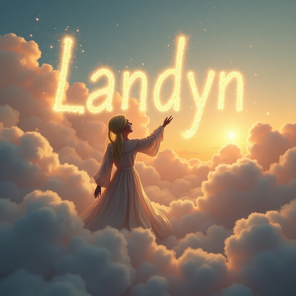 A whimsical scene depicting an elf writing the name 'Landyn' in sparkling letters against the backdrop of a beautiful sunset. The elf is dressed in a flowing robe and stands gracefully among fluffy clouds. The sky is adorned with soft pastel colors, creating a dreamy atmosphere. The glowing letters of 'Landyn' shimmer brightly, catching the light of the setting sun. This enchanting image evokes feelings of magic and wonder, ideal for a fantasy theme.