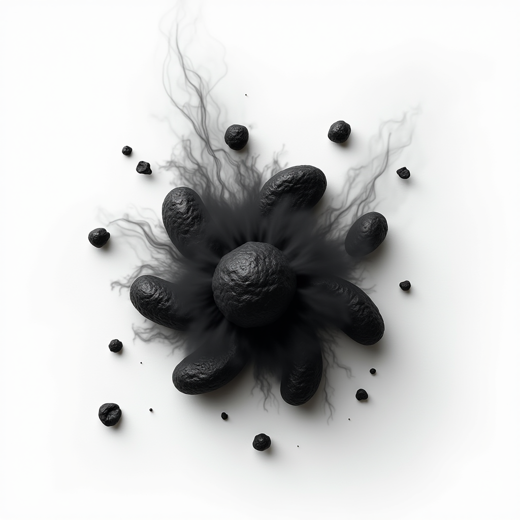 A burst of dark, swirling organic forms radiating from a central point, creating a dynamic visual explosion.