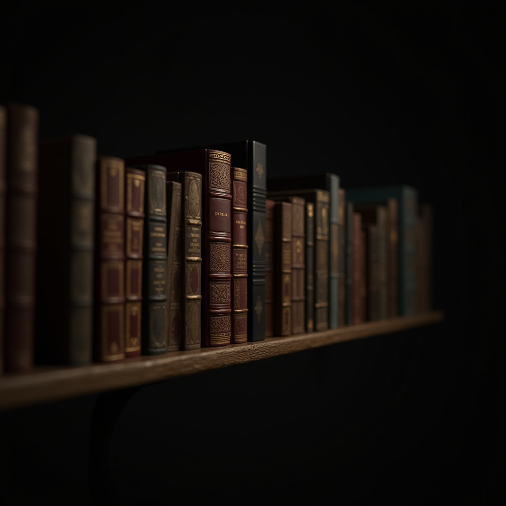 A row of antique leather-bound books with intricate designs on a wooden shelf against a dark background.