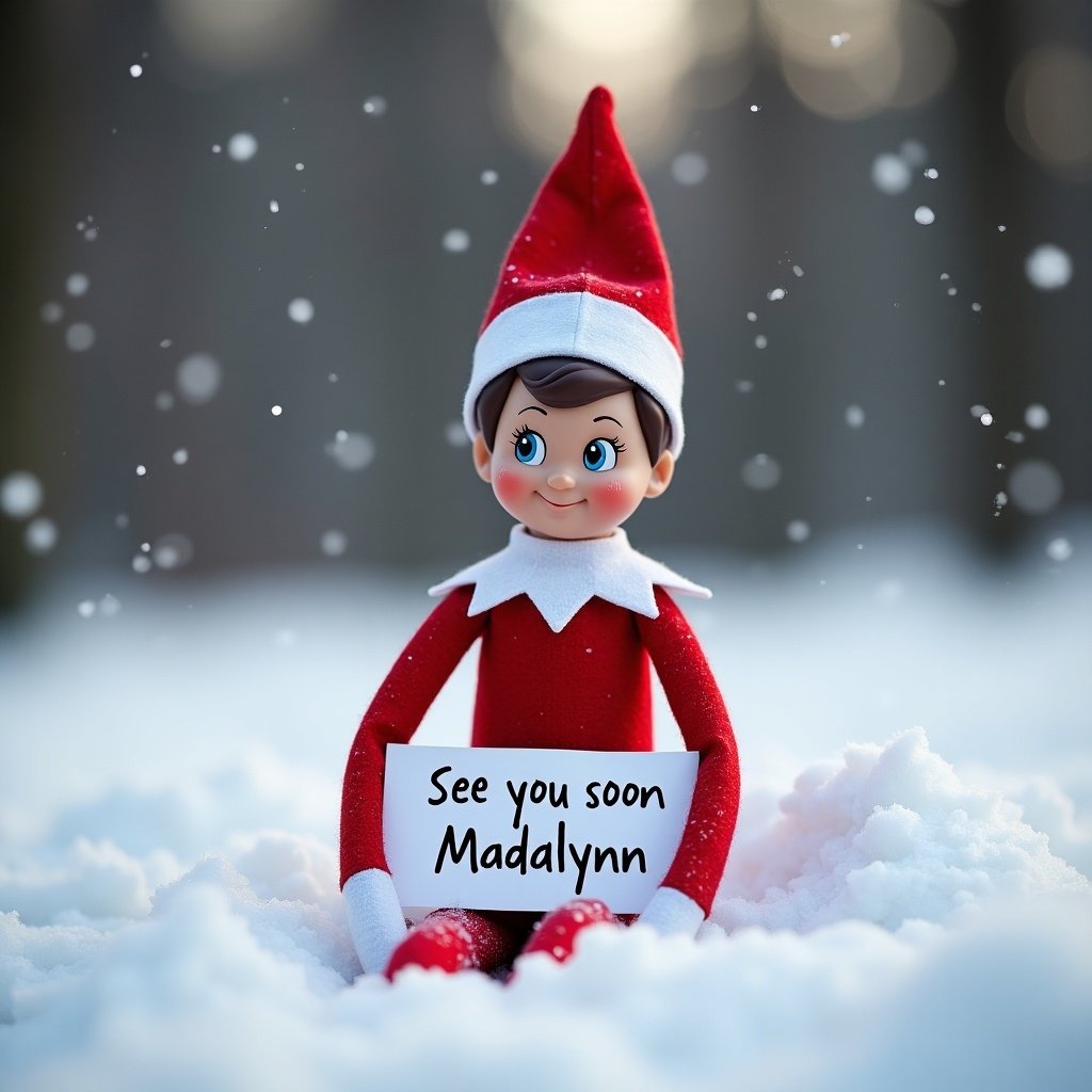 Create a whimsical scene featuring an elf doll from the popular 'Elf on the Shelf' tradition sitting in a snowy landscape. The elf should wear a classic red and white outfit, complete with a pointed hat and cheerful expression. In its hands, it should hold a sign that reads 'See you soon Madalynn'. The background should feature softly falling snow and blurred trees to evoke a magical winter atmosphere. Ensure the colors are vibrant and the scene feels inviting and festive.