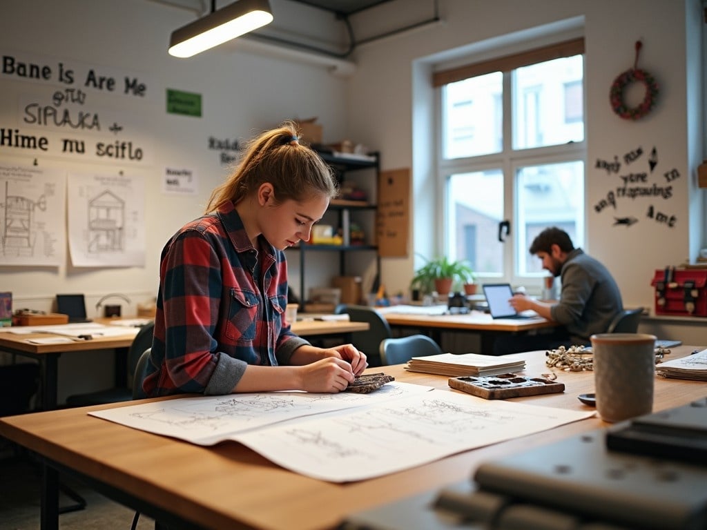 The image shows a dynamic creative workspace where a young woman is deeply focused on a hands-on project. She is surrounded by sketches and design materials, showcasing her dedication to her craft. In the background, another person is working on a computer, indicating a collaborative learning environment. The warmth of the natural light enhances the inviting atmosphere of the studio. This setting exemplifies practical learning and the importance of building a strong portfolio through participatory projects.